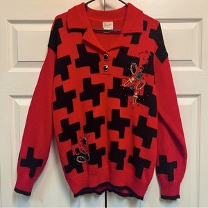 Vintage 80s Ann WT Women’s Knit Sweater Red & Black with Jewels Size Large